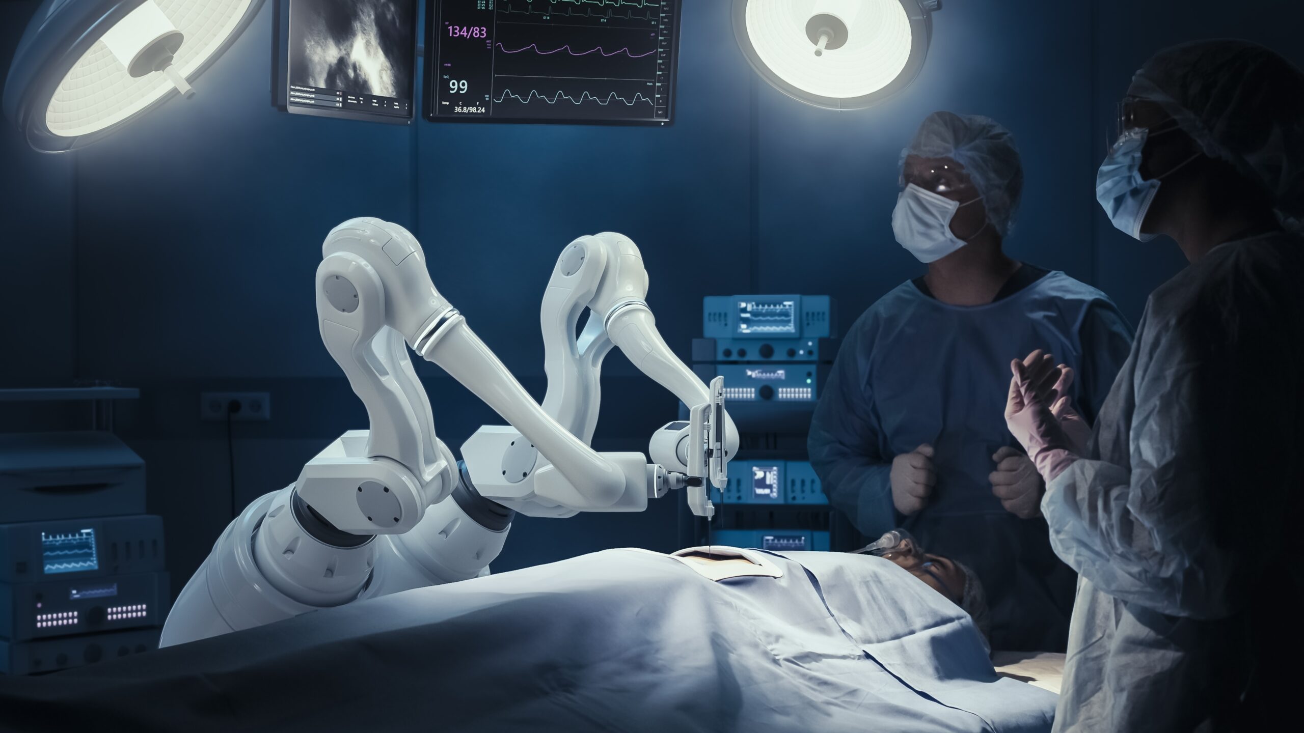 Two,Surgeons,Observing,High-precision,Programmable,Automated,Robot,Arms,Operating,Patient