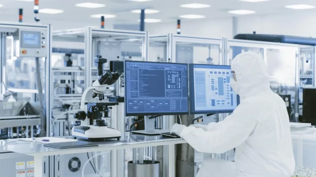 semiconductor process and yield engineer working on test data wearing protective white suit