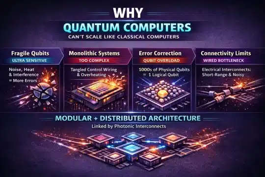 An infographic showing why quantum computers cant scale like classical computers